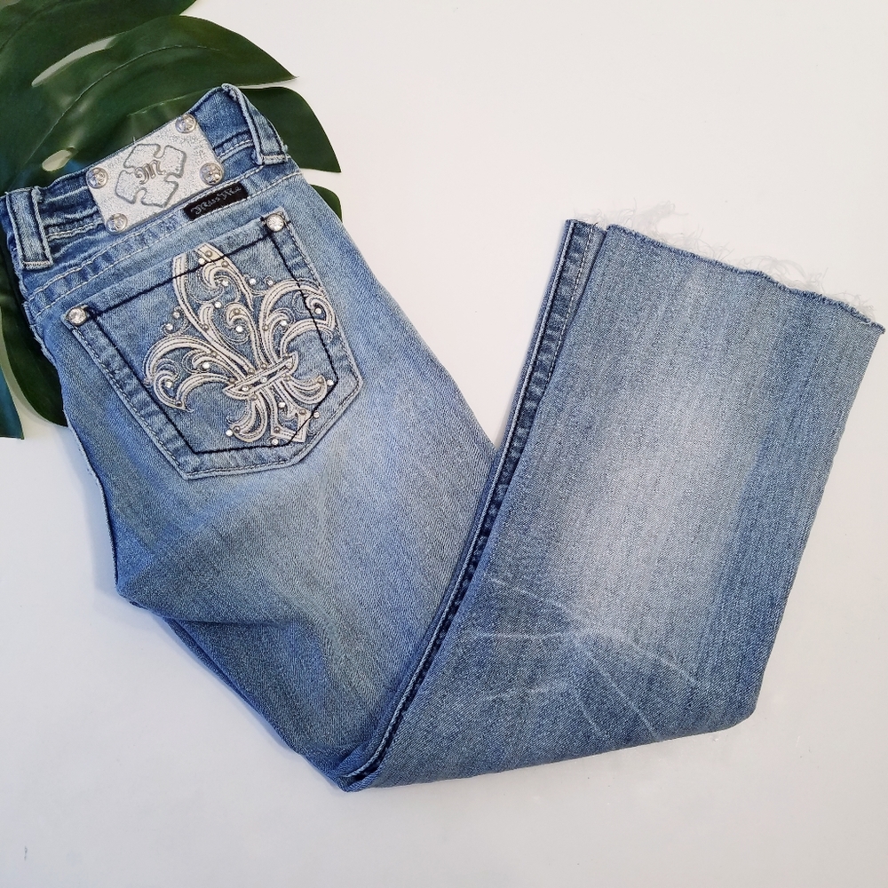 Miss Me Bootcut Light Wash Embellished Fray Jeans Size 28
